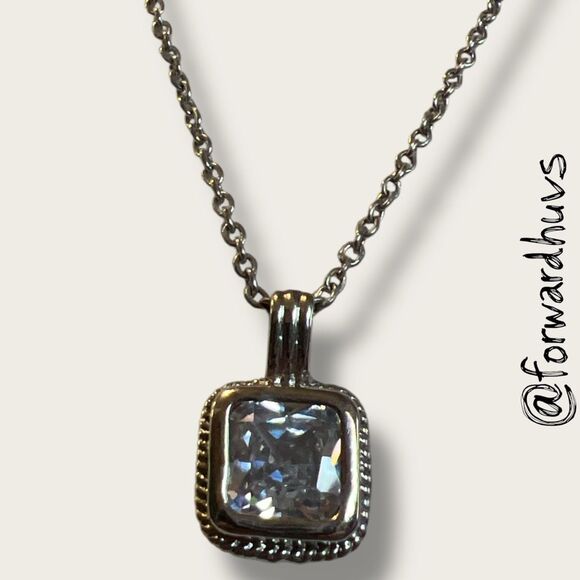 Silver Tone Necklace with Square Glass Pendant – 20” Chain - Picture 4 of 10